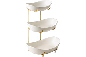 3 Tier Ceramic Fruit Bowl with Gold Metal Stand, Kitchen Counter Organizer and Fruit Basket for Countertop, Snack, Dessert, M