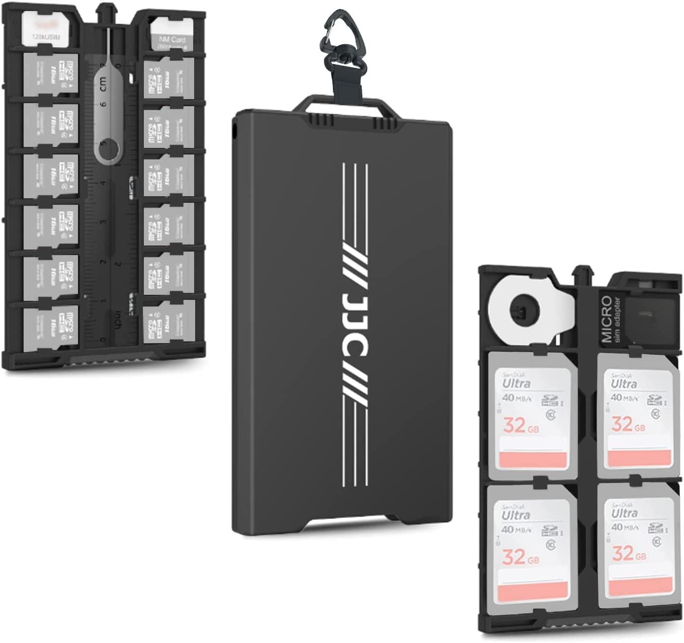 JJC Pop-up Metal Memory Card Case Holder Ultra Silm for 12 Micro SD TF MSD + 4 SD + 2 Nano SIM Card - with Carabiner Flathead Tool Micro SIM Adapter Card Remove Tool & Mini Ruler - Black
