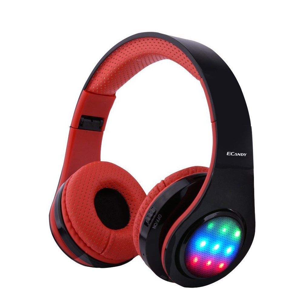 Ecandy Bluetooth Headphones w/Led Wireless/Wired Stereo Music Foldable Over-ear Hifi Sound With Microphones Hands-free Handsfree Calling for Iphone 6 6S Plus Samsung,Android Smartphone,Tablet (Red)