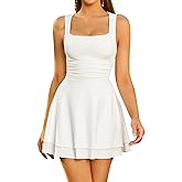GLNEGE Women's Summer Casual Short Dress Square Neck Sleeveless Mini Ruffle Dresses Ruched Waist Flowy A-line Party Outfits