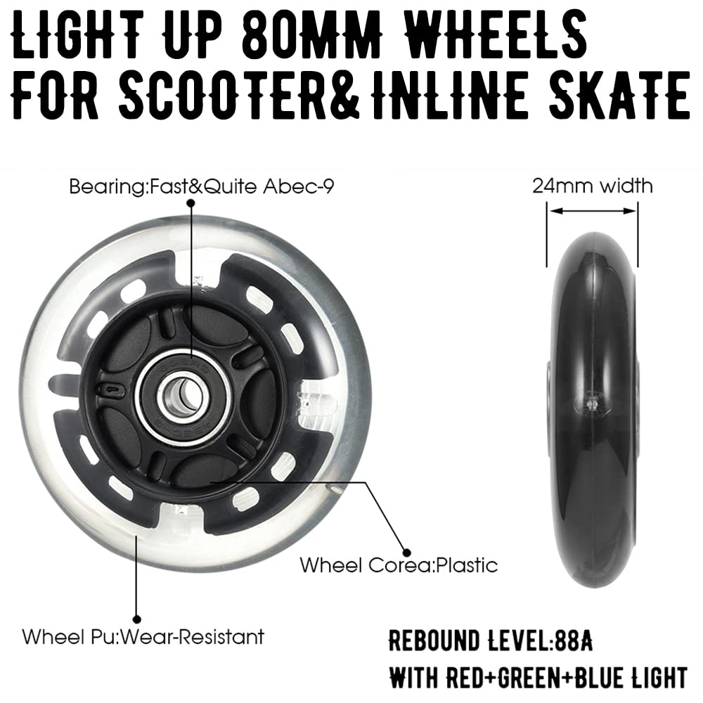 4 Pack Light Up Inline Skate Wheels 64mm 72mm 76mm 80mm Inline Wheels with ABEC-9 Bearing for inline Skate Wheels - Kick Scooter 80mm Rear Wheels Replacement