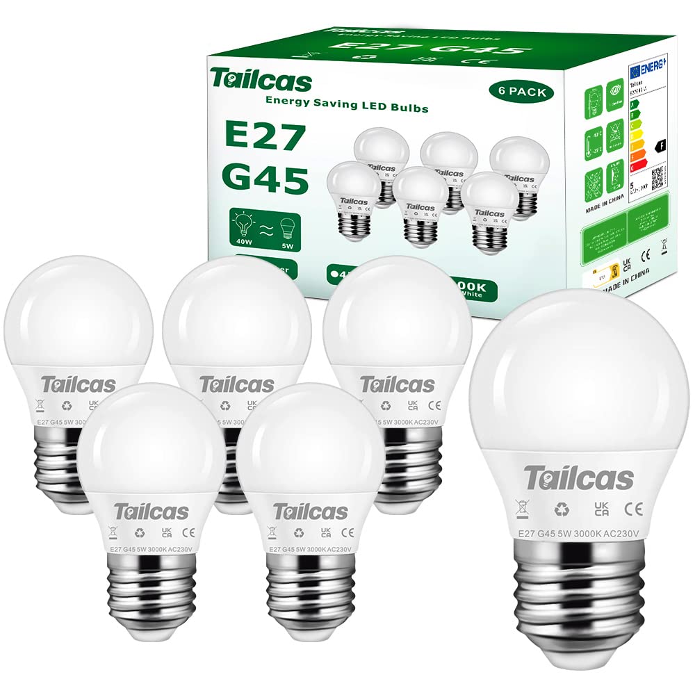 Tailcas E27 Screw Bulb 40W Equivalent, 5W ES LED Bulb Warm White 3000K, 450LM Small Edison Screw in Light Bulbs, Non Dimmable, G45 Golf Ball Energy Saving Light Bulb for Home Lamp, 6 Pack
