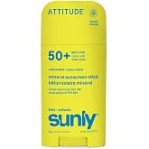 ATTITUDE Kids Mineral Sunscreen Stick SPF 50, Broad Spectrum Zinc Oxide, EWG Verified, Non-Nano, Mess-Free Stick for Face &amp; Body, Lightweight Non-Greasy, Vegan, Unscented, 2 Oz