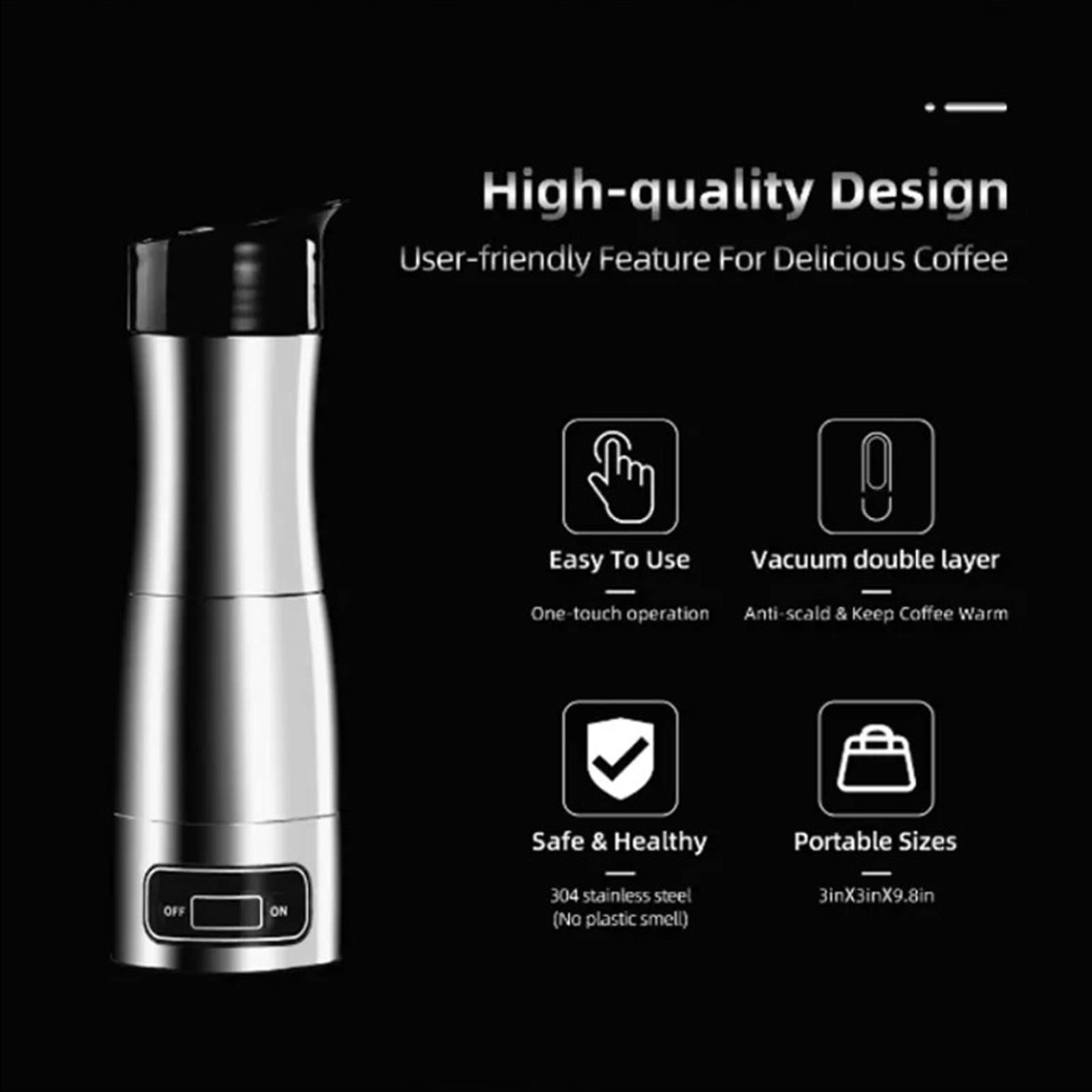 Luqeeg Cafetera portátil, máquina de café espresso eléctrica, mini cafetera eléctrica para coche, cafetera espresso eléctrica para cápsulas con encendedor de cigarrillos de 12 V 24 V, taza de viaje de acero inoxidable