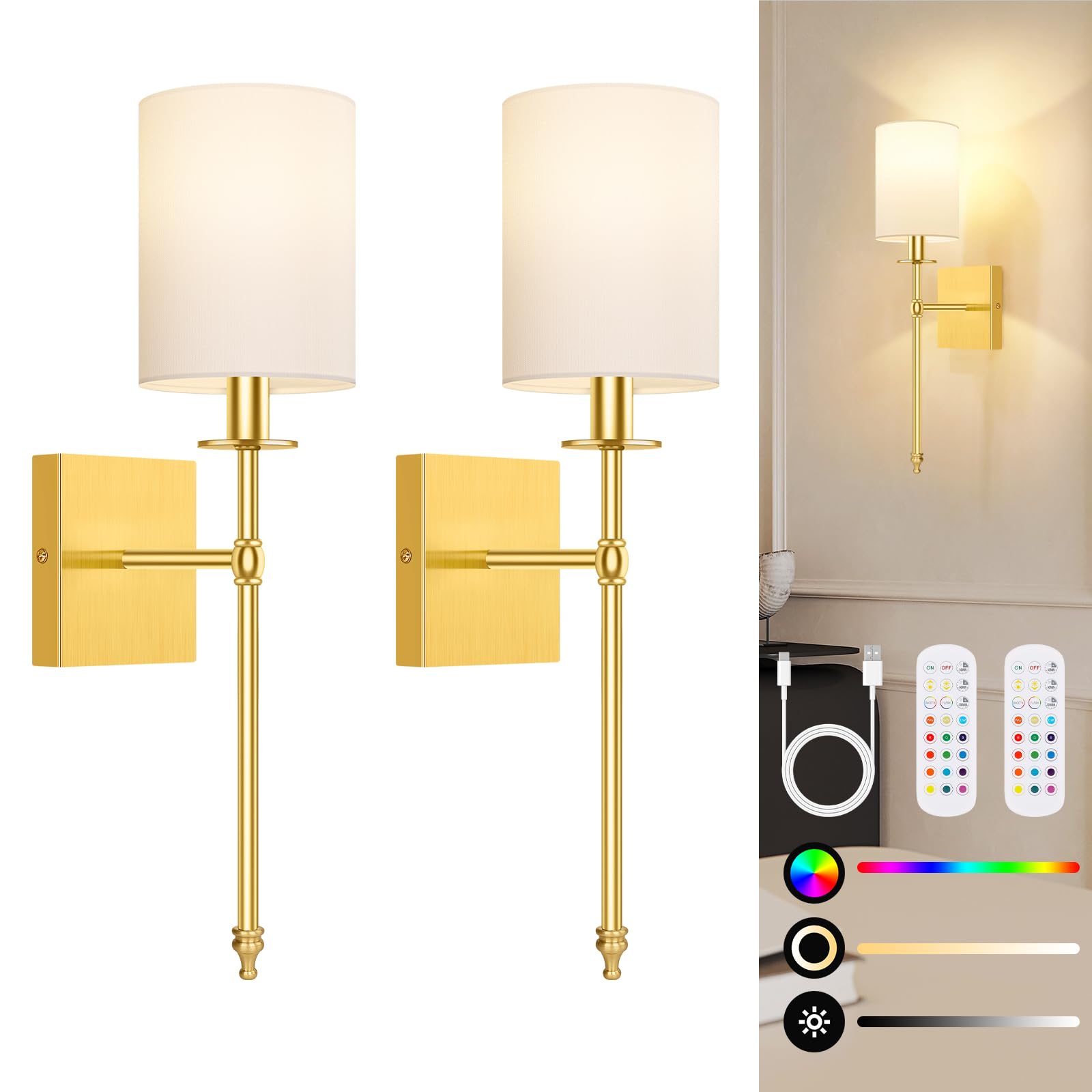 Photo 1 of 19.9 Inch Wall Sconces Battery Operated Set of 2, Rechargeable Wireless Wall Sconces Lights with Remote, Not Hardwired Dimmable Gold Wall Lamps with White Fabric Shade for Bedroom, 2 Bulbs Included