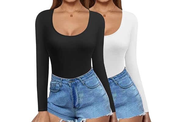Ekouaer 2 Pack Women's Scoop Neck Tops Long Sleeve Slim Fit T Shirt Thermal Shirts Basic Tight Tee XS-XXL