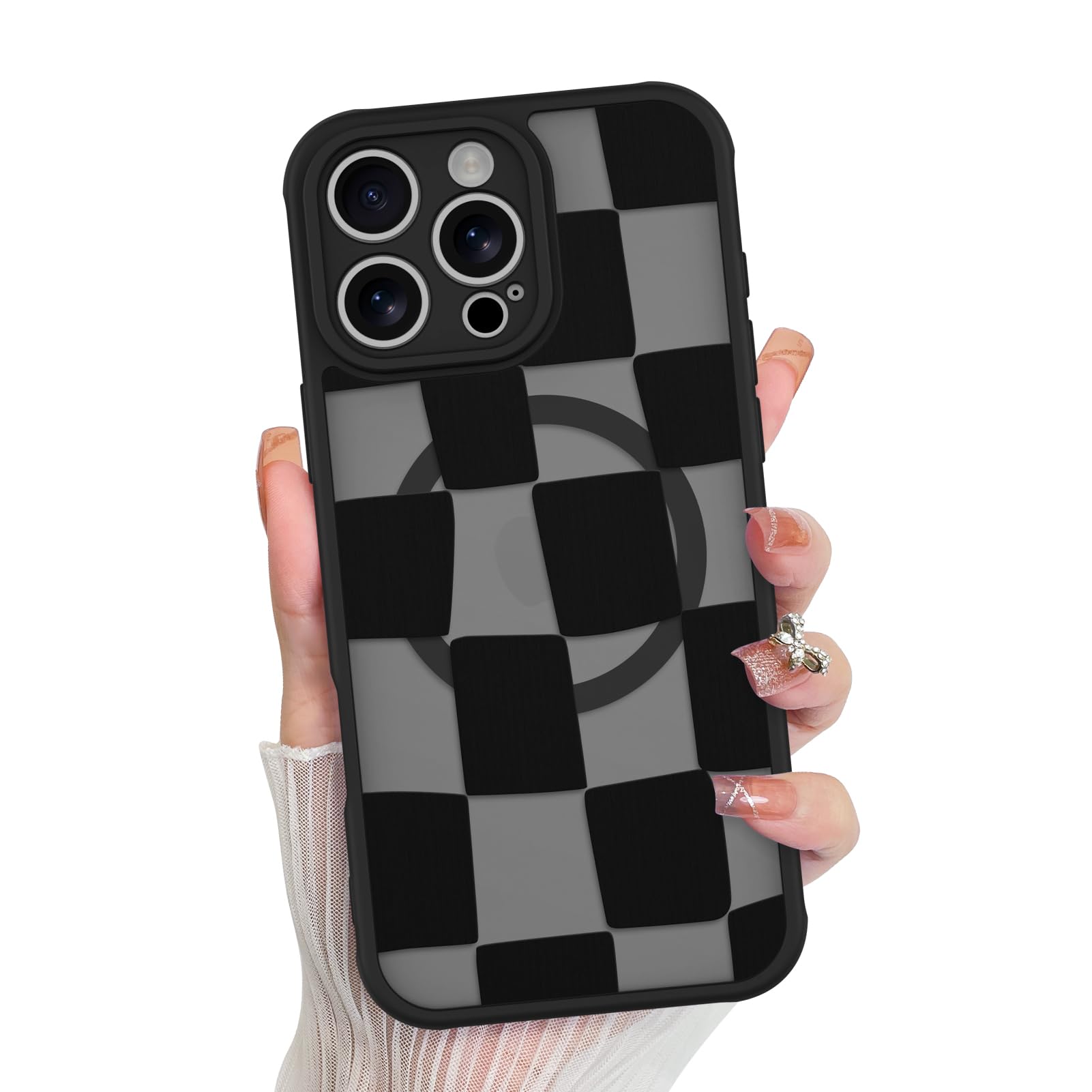 Photo 1 of KANGHAR for iPhone 16 Pro Case Checkered Matte Aesthetic Cute Pattern Magnetic [Compatible with Magsafe] Slim Shockproof Full Body Protection for Girls Women