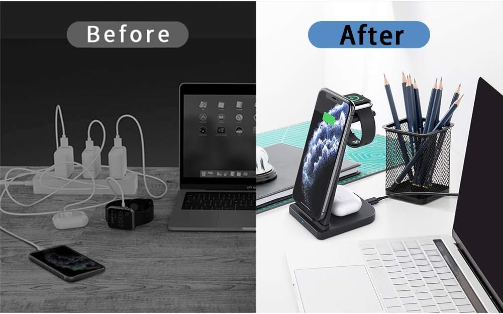 3 in 1 Wireless Charging Station, Phone Wireless Charger Stand Watch Charger Stand Compatible with iPhone 12 11 Pro Pro Max X XR XS 8 Samsung Galaxy S20+ S10 S9 iWatch 6/5/4/3/2 Airpods 2/Pro (Black)