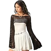 WDIRARA Women's Crochet Crop Tops Shrugs Y2k Hollow Out Sweater Knit Crochet Long Sleeve Crop Tops