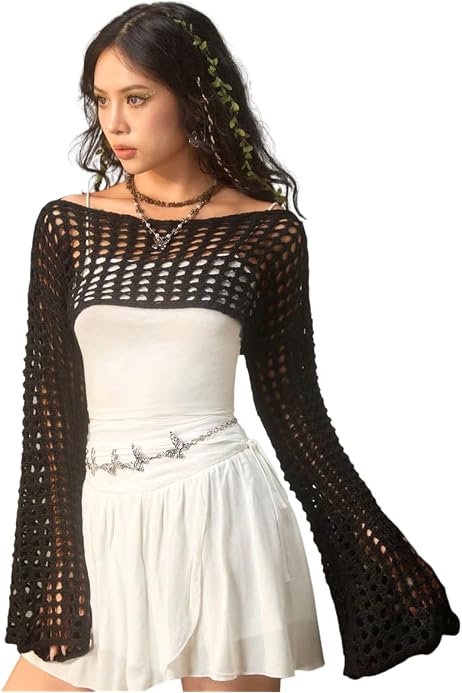 Verdusa Women’s See-Through Knit Top - Drop Shoulder Flare Sleeve Sweater - View #5