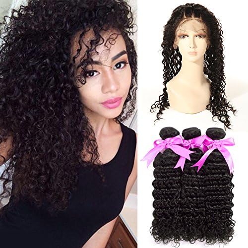 ANNMODE hair 360 Lace Frontal with Bundles Remy Brazilian Virgin Hair Bundle Deals with Lace Frontal Closure Deep Curly Weave Wave Human Hair 3 Bundles with Frontal Free Part Natural Color 16 18 20+14
