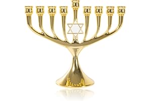BRTAGG Hanukkah Menorah Upgrade Cups with Built-in Pins, Star of David Candle Holders 9 Branches Gold Plated Candlesticks Jewish Gifts (7.28" Tall)
