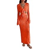 Saodimallsu Womens Crochet Swim Cover Up 2 Piece V Neck Long Sleeve Wrap Tie Crop Tops Beach Boho Maxi Coverup Set