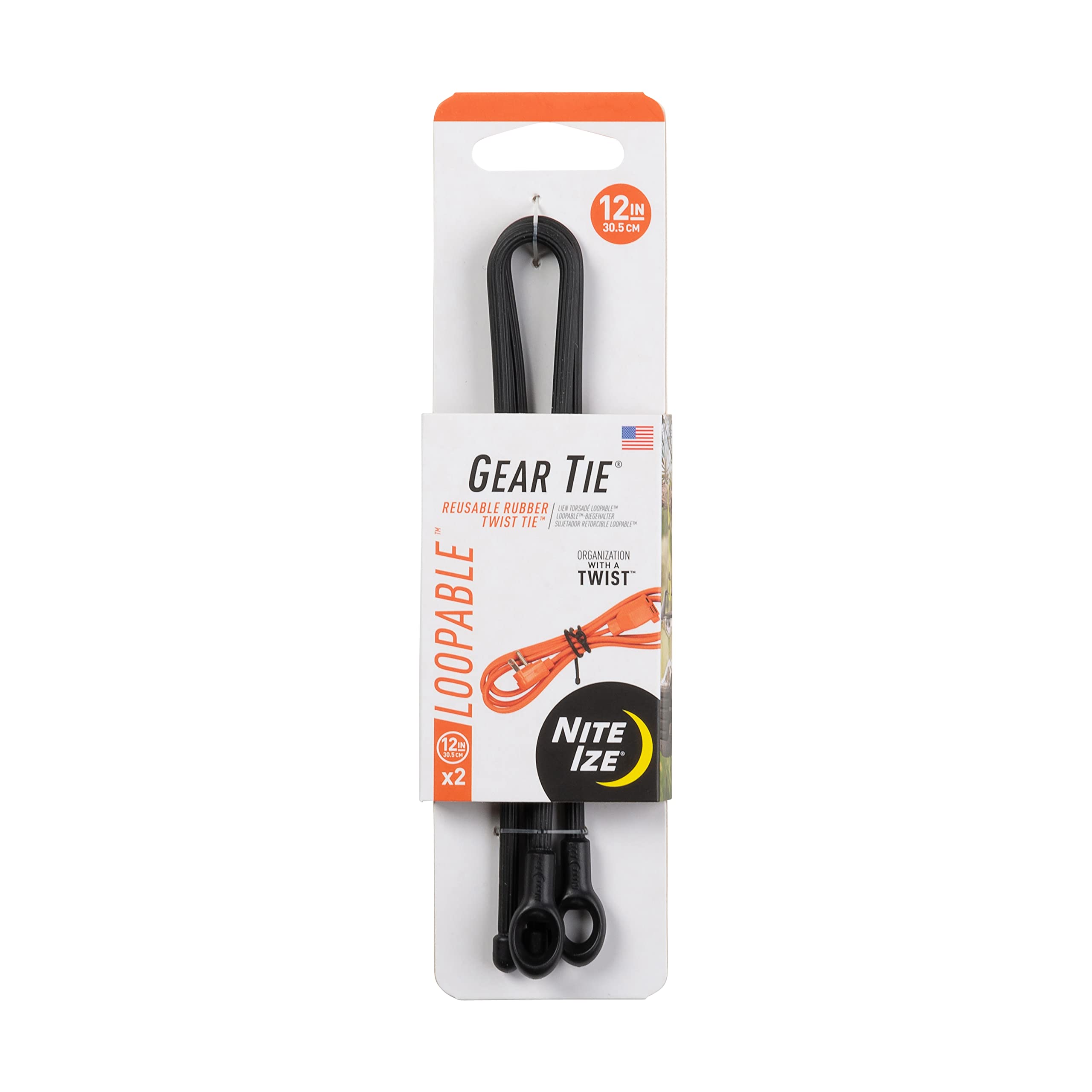 Nite Ize Gear Tie Loopable Reuseable Rubber Twist Tie, 12 Inch, Black, 2-Pack