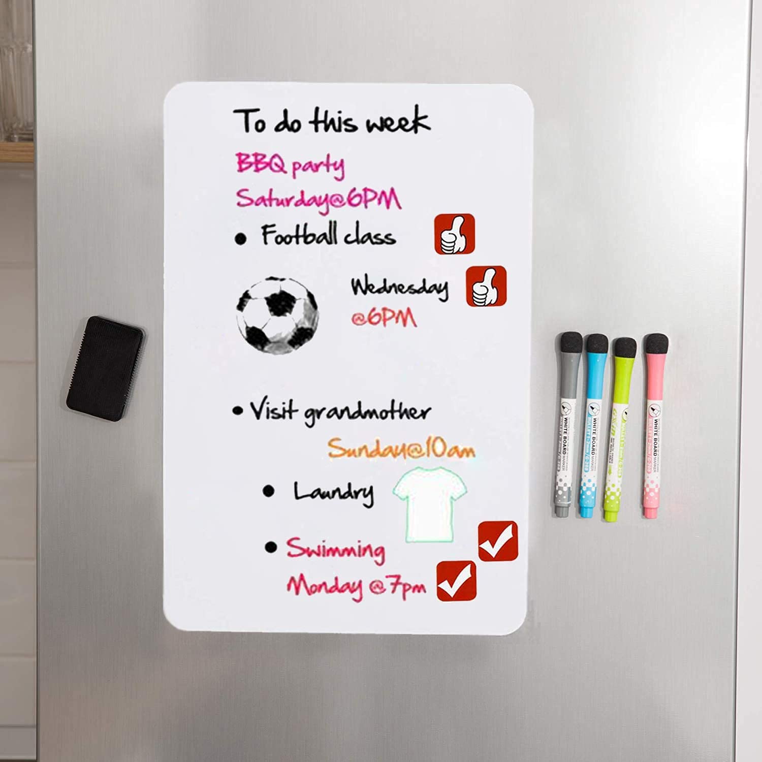 Magnetic Dry Erase White Board Sheet for Fridge - with Stain Resistant Technology - Includes 4 Markers and 4 Magnetic icon and a Eraser - Refrigerator Whiteboard Planner (20x13 inch)