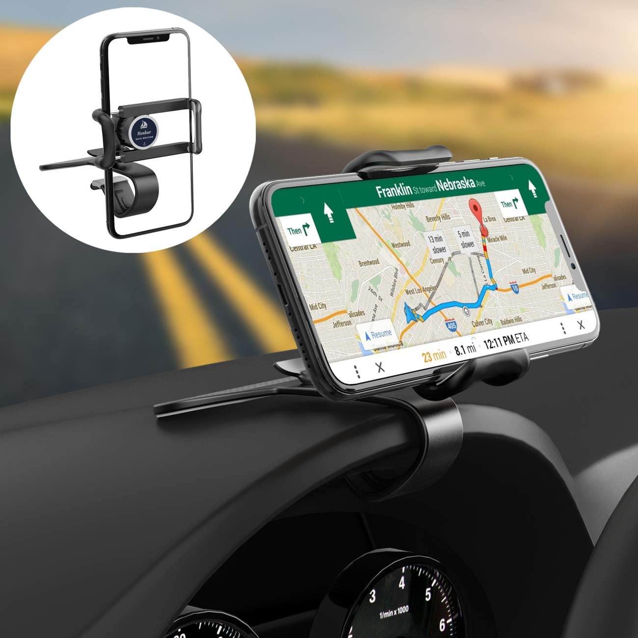 Car Phone Holder, HENKUR Dashboard Car Cell Phone Mount, Clip Phone Stand Compatible for iPhone XS Max X 8 7 SE 6s 6 Plus 5s 5 4s Samsung Galaxy S10 S9 S8 S7 S6 LG Nexus Sony Google GPS Huawei (Black)
