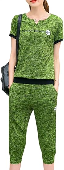Amazon Co Jp Skyp 半袖 スウェット セットアップ ジャージ レディース 上下 スポーツウエア ｔシャツ パンツ ルームウェア トレーナー ７分丈 ダンス 夏 カジュアル グリーン Xl 服 ファッション小物
