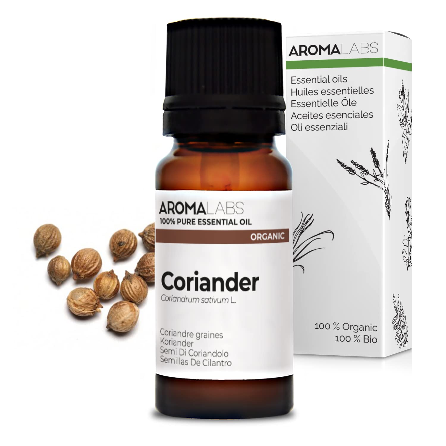BIO - Coriander Essential Oil - 10mL - 100% Pure, Natural, Chemotyped and AB Certified - AROMA LABS (French Brand)