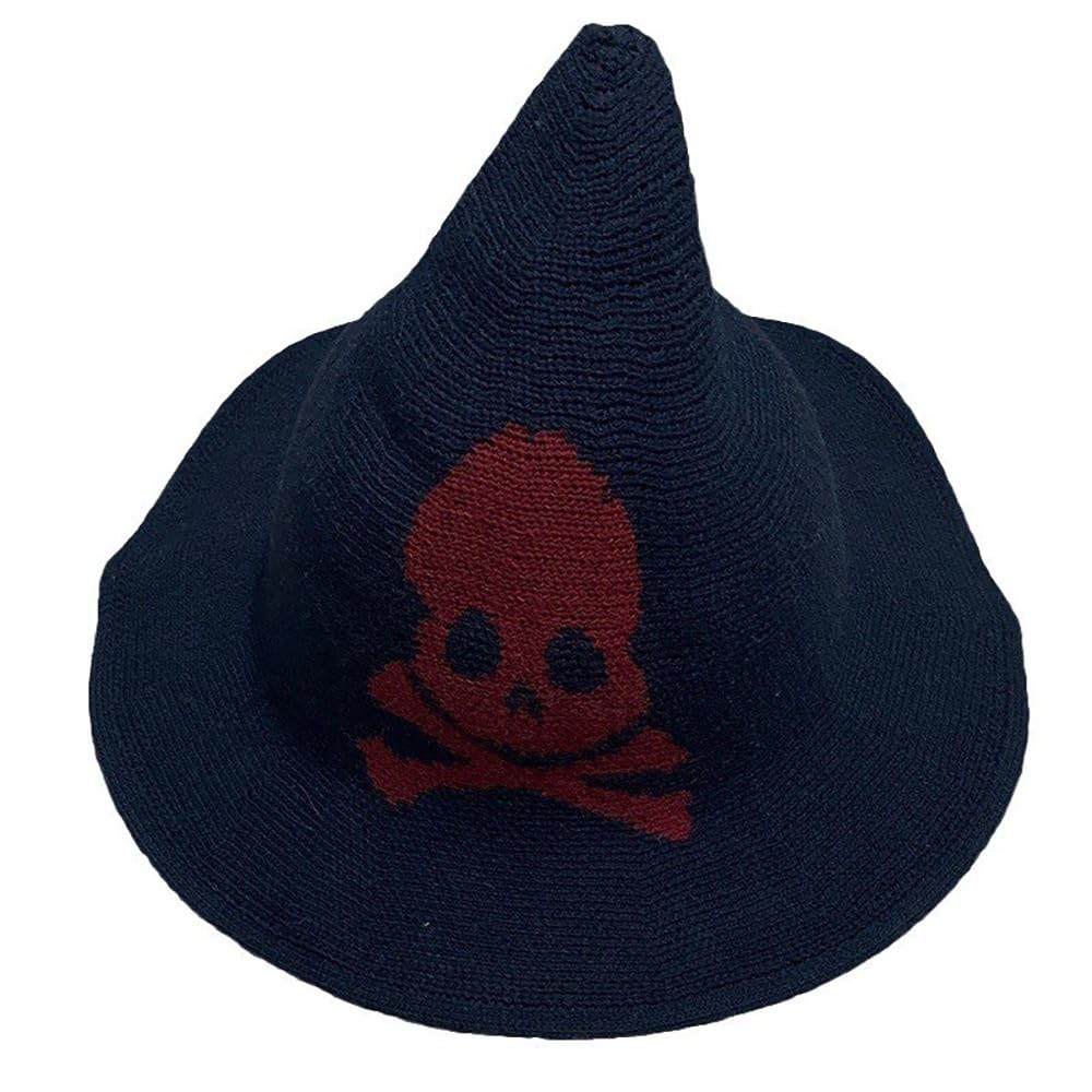 YAMEE Halloween Skull Witch Hat, Wool Knit Wizard Hat for Men & Women, Knitted Cap for Party Costume (Navyblue, M)