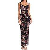 HTZMO Women Summer Floral Bodycon Maxi Dress V Neck Halter Sleeveless Casual Wedding Guest Party Elegant Long Dresses