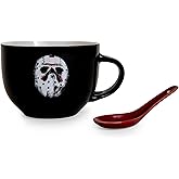 Friday the 13th Jason Voorhees 24-Ounce Ceramic Soup Mug w/ Spoon | Bowl For Ice Cream, Cereal, Oatmeal | Large Coffee Cup For Espresso, Caffeine | Home & Kitchen Essentials | Horror Movie Collectible