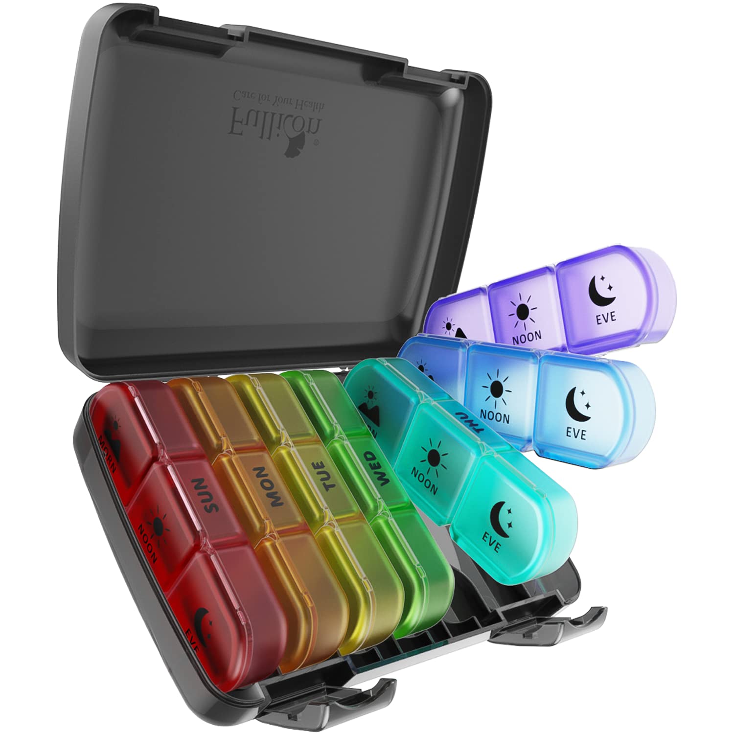 Photo 1 of Pill Organizer 3 Times a Day, Fullicon Large Weekly Pill Case 7 Day, Daily Pill Box with 21 Compartments, Pill Dispenser Supplement Holder for Pills/Vitamin/Fish Oil - Multi-Colored