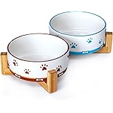 YUN TAO 3.5 Cups Pet Bowls Set of 2 for Medium Dogs,Ceramic Pet Food Water Dish Feeding with Wooden Stand,Cute Puppy Pet Dishes,Includes Non-Slip Silicone Mat