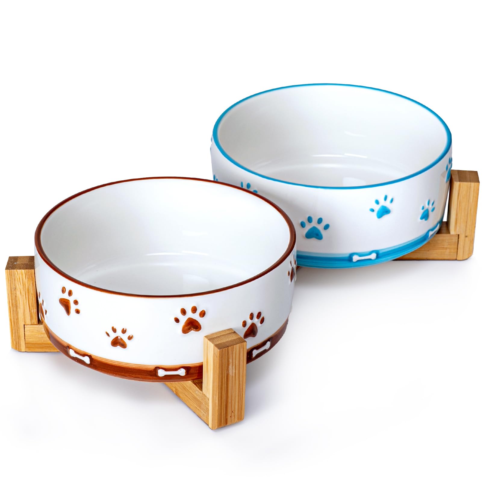 Photo 1 of YUN TAO Ceramic Dog Bowls for Small and Medium Dogs and Large Cat, Pet Food Water Dish Feeding with Wooden Stand,Cute Puppy Pet Dishes Set of 2,Includes Non-Slip Silicone Mat