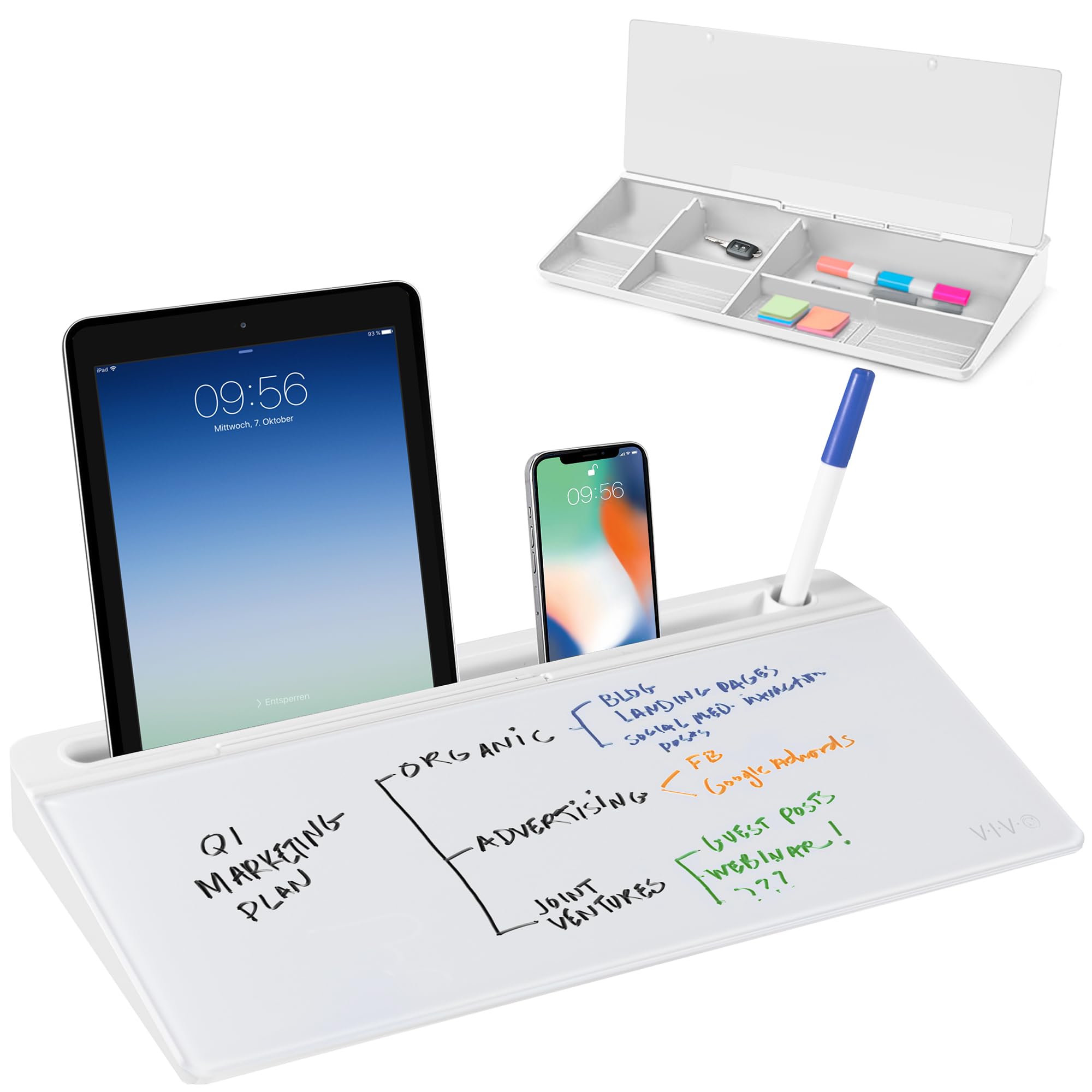 VIVO Glass 16 x 7 inch Dry Erase Board with Storage, Desktop Whiteboard Organizer with Hidden Compartments and Device Slot, DESK-WB16A — image 1
