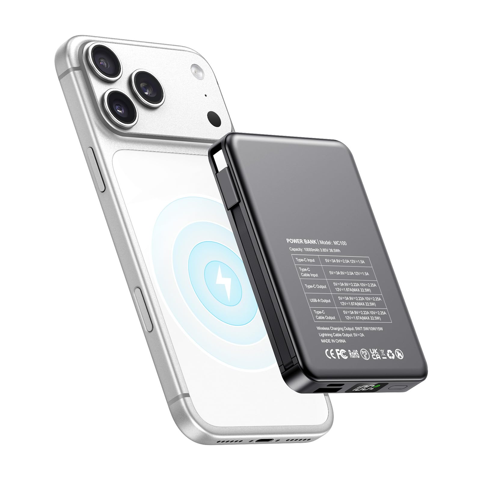 PDBEST Magsaf Power Bank 10000mAh, Wireless Magnetische Powerbank Schnelles Laden mit LED-Display Mini Powerbank mit Type-C/USB-A 22,5 W Schnellladung für Air iPhone 17/16/15/14/Pro Max Blcak 2