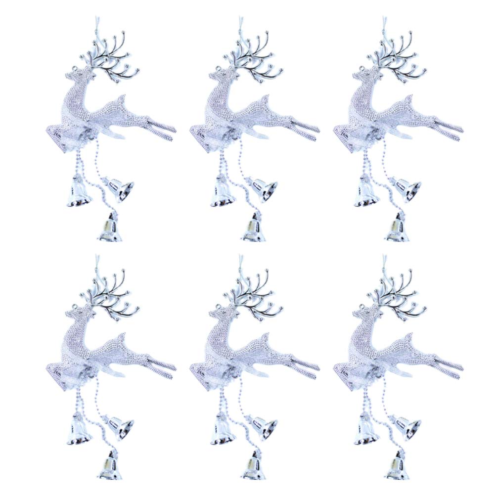 NUOBESTY Christmas Elk with Bells Hanging Ornaments, Glitter Jingle Bell Reindeer Pendant Xmas Tree Decorations Deer Miniatures for Christmas Home Office Party Silver 6pcs