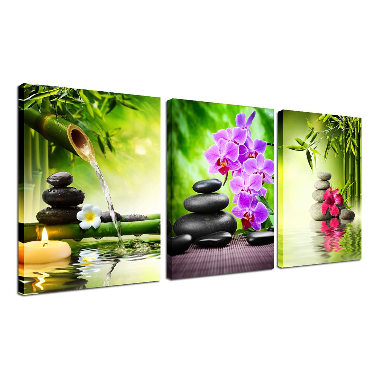 Zen Decor Canvas Wall Art - 3 Panel Green Bamboo Picture Framed Painting for Living Room Bedroom Kitchen Home Office Stones and Orchid Spa Poster Ready to Hang Canvas Print Still Life Modern Artwork