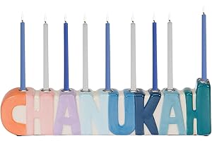 RITE LITE Chanukah Spell Out Pastel Menorah - Exciting & Colorful Multicolor Menorah! Hand Painted Ceramic Hanukkah Gifts Whimsical Design Jewish Holiday Party Favors Candle Holder Festival of Lights 11" L