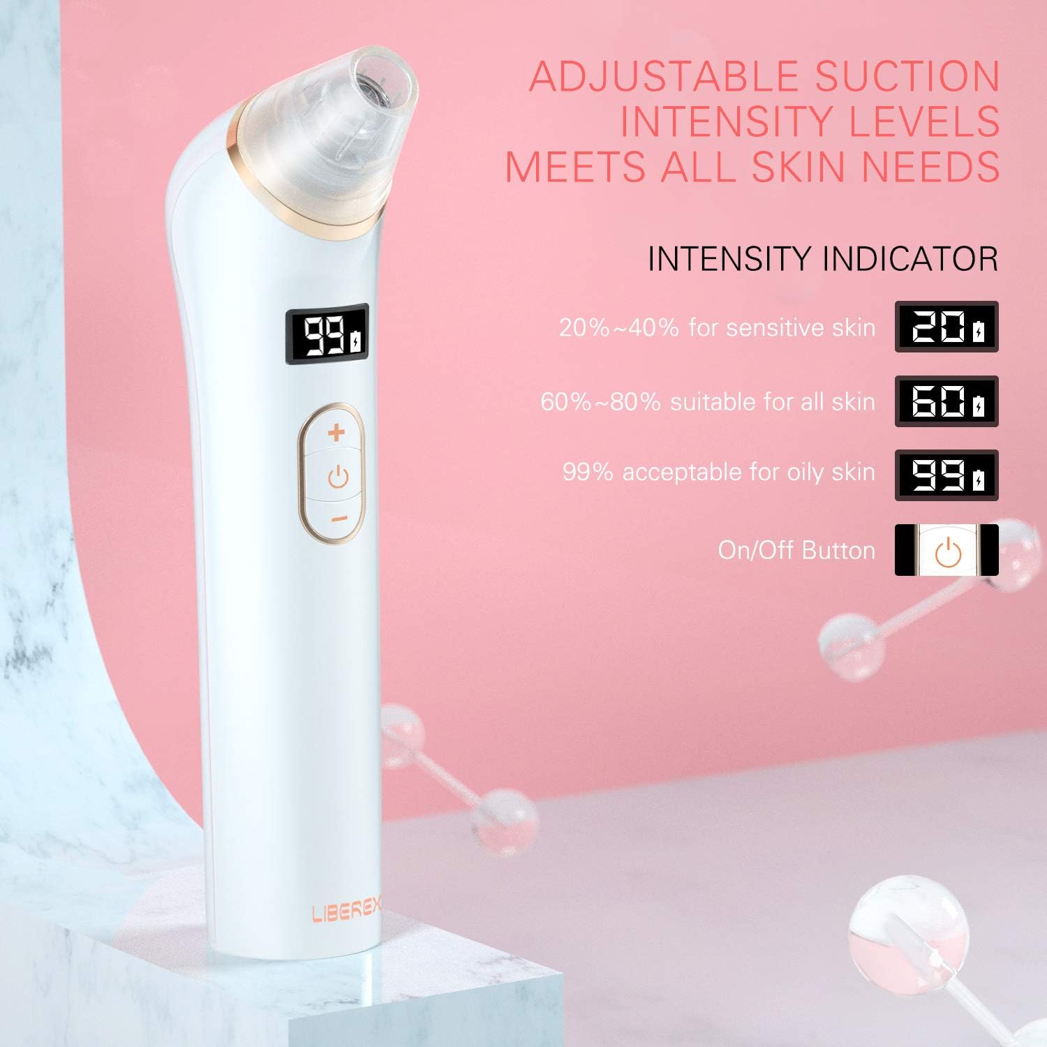 Liberex Blackhead Remover Pore Vacuum - Blue & Red Light Therapy Pore Cleanser, Diamond Microcrystalline Electric Acne Extractor, 4 Suction Heads with 5 Intensity Levels, USB Rechargeable (Rose Gold): Health & Personal Care