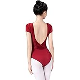 RuiBalletto Women Ballet Leotards, Lace Back Dance Bodysuits, Short Sleeve Gymnastics Leotards