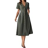 RIHOAS Casual Shirt Dress for Women - Spring Summer Short Sleeve Button Down/Up Pleated V Neck Maxi