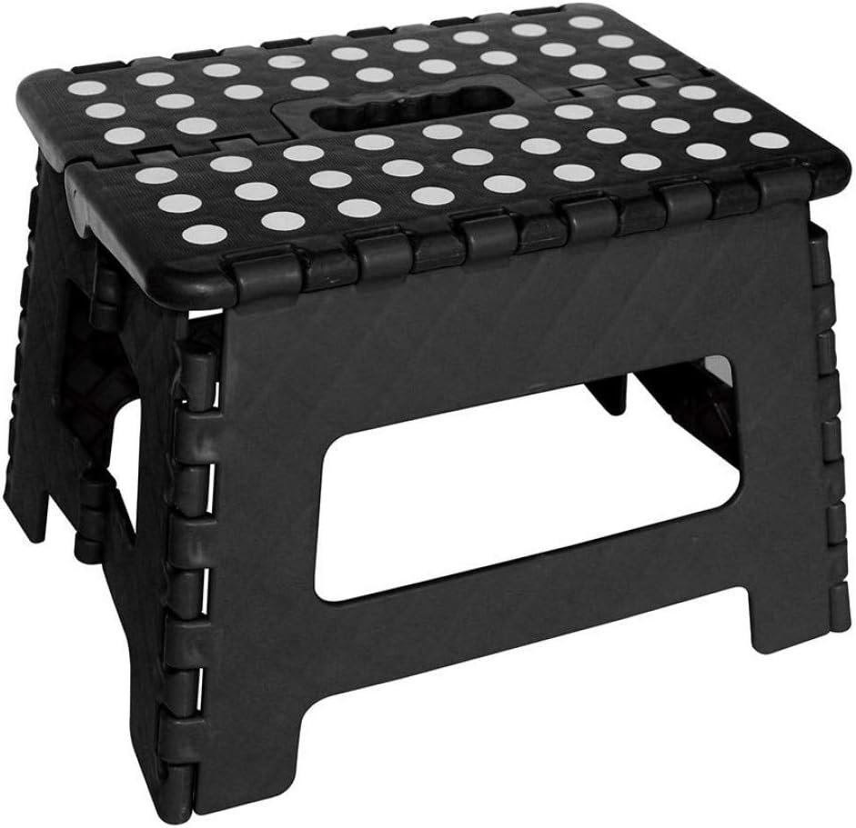 GLOW Heavy Duty Folding Step Stool – Black/White Strong Compact 9 Inch Plastic Anti Slip Stepping Stool for Kids and Adults with Carry Handle for Home, Kitchen and Workplace