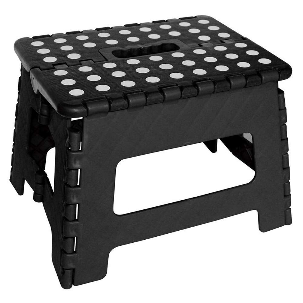 GLOW Heavy Duty Folding Step Stool – Black/White Strong Compact 9 Inch Plastic Anti Slip Stepping Stool for Kids and Adults with Carry Handle for Home, Kitchen and Workplace
