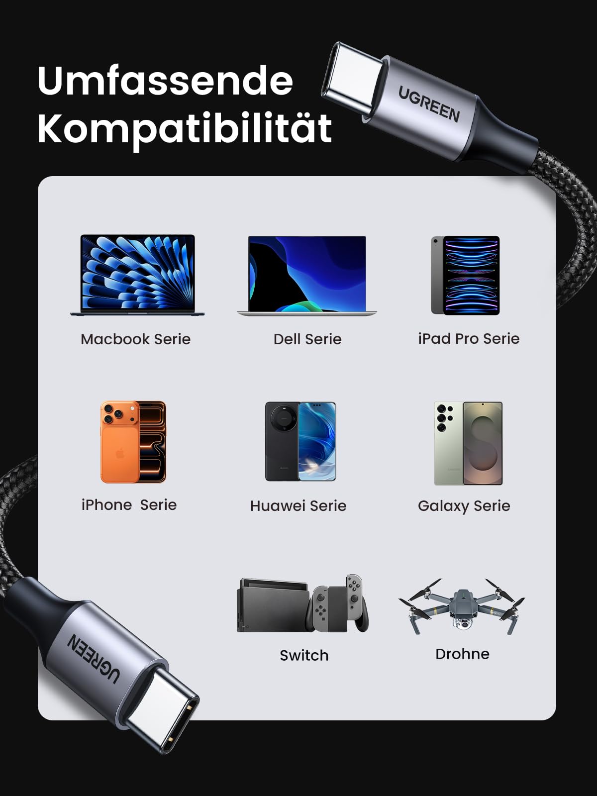 UGREEN USB C auf USB C Kabel 60W PD 3.0, PPS USB-C Ladekabel kompatibel mit iPhone 17 Pro Max,iPhone Air, iPhone 16 15 Pro Max, Galaxy S25 S24 MacBook Air M2 iPad Pro, Air 5/Mini, Pixel 9 usw. (1M) 7