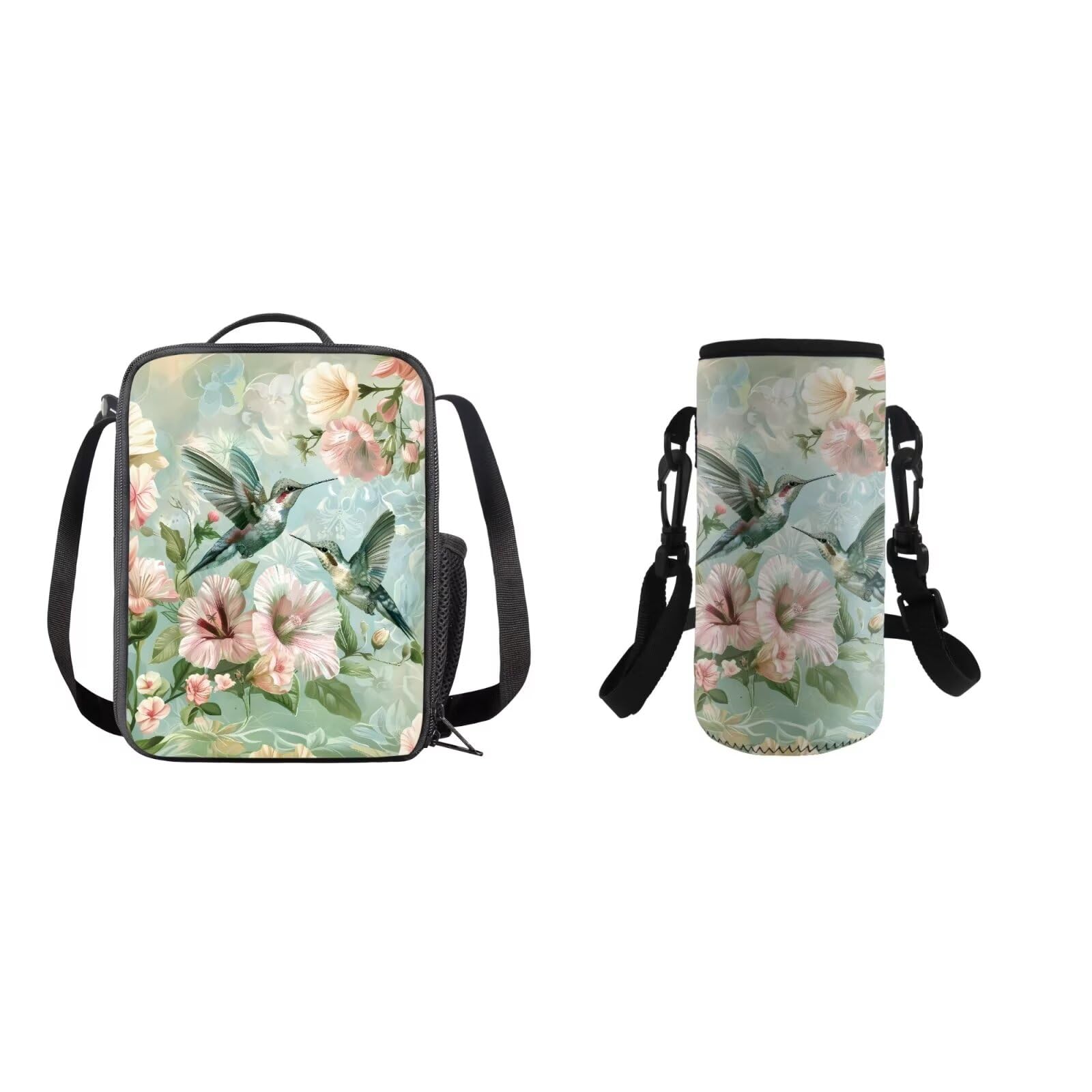 COEQINE Aesthetic Hummingbirds Lunch Box Set with Water Bottle Strap Insulation Lunch Bag with Water Bottle Holder Portable Adjustable Strap, Green Flower
