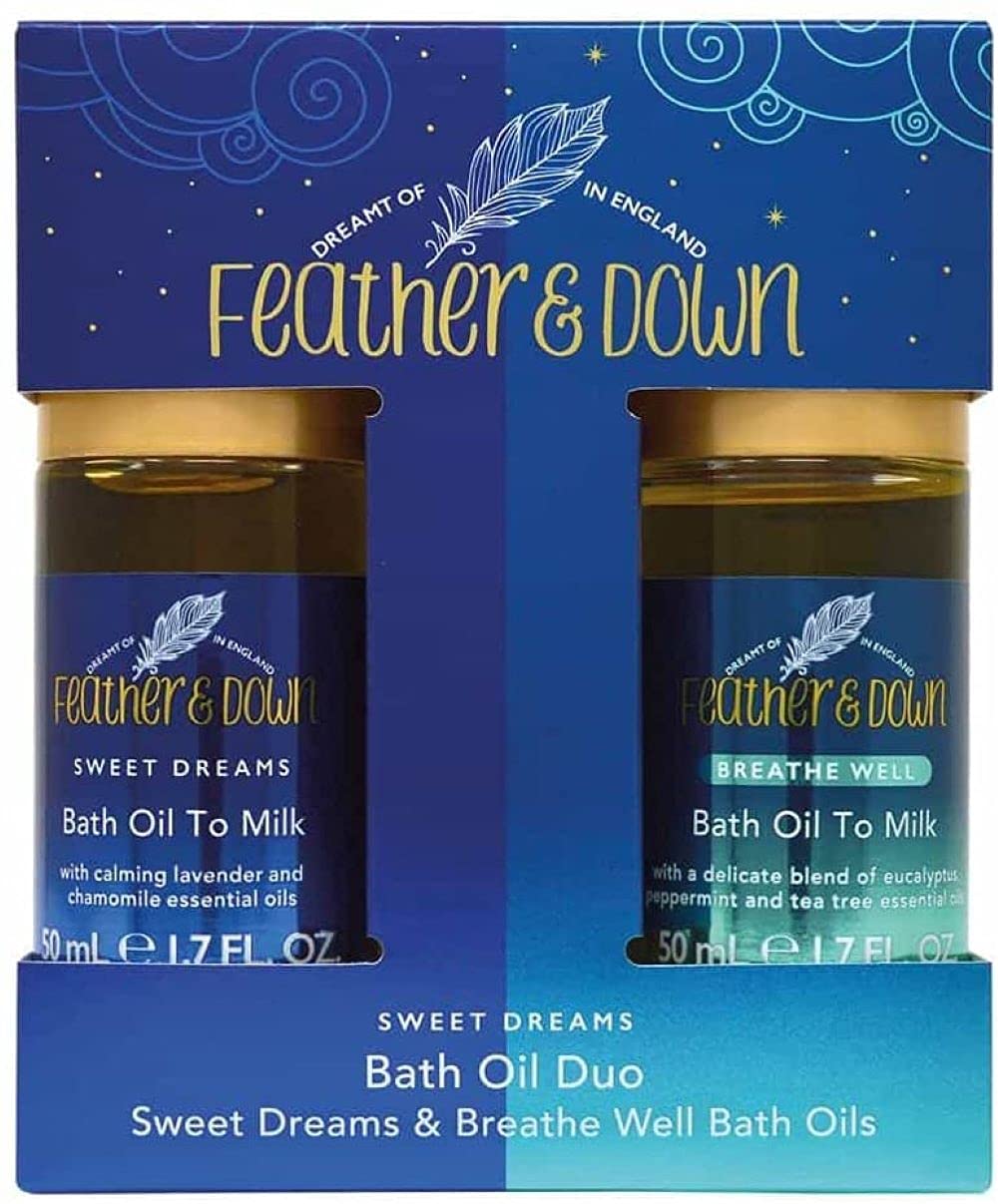 Feather & Down Sweet Dreams Bath Oil Duo Gift Set - Relax, Unwind & let Your Daytime Stress wash Away with Our Bath Oil Duo. Sweet Dreams & Breathe Well Bath Oils.