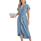 CUPSHE Women's V Neck Wrap Dress Twisted Slit Pleated Waist Tie Short Sleeve Summer Midi Dresses