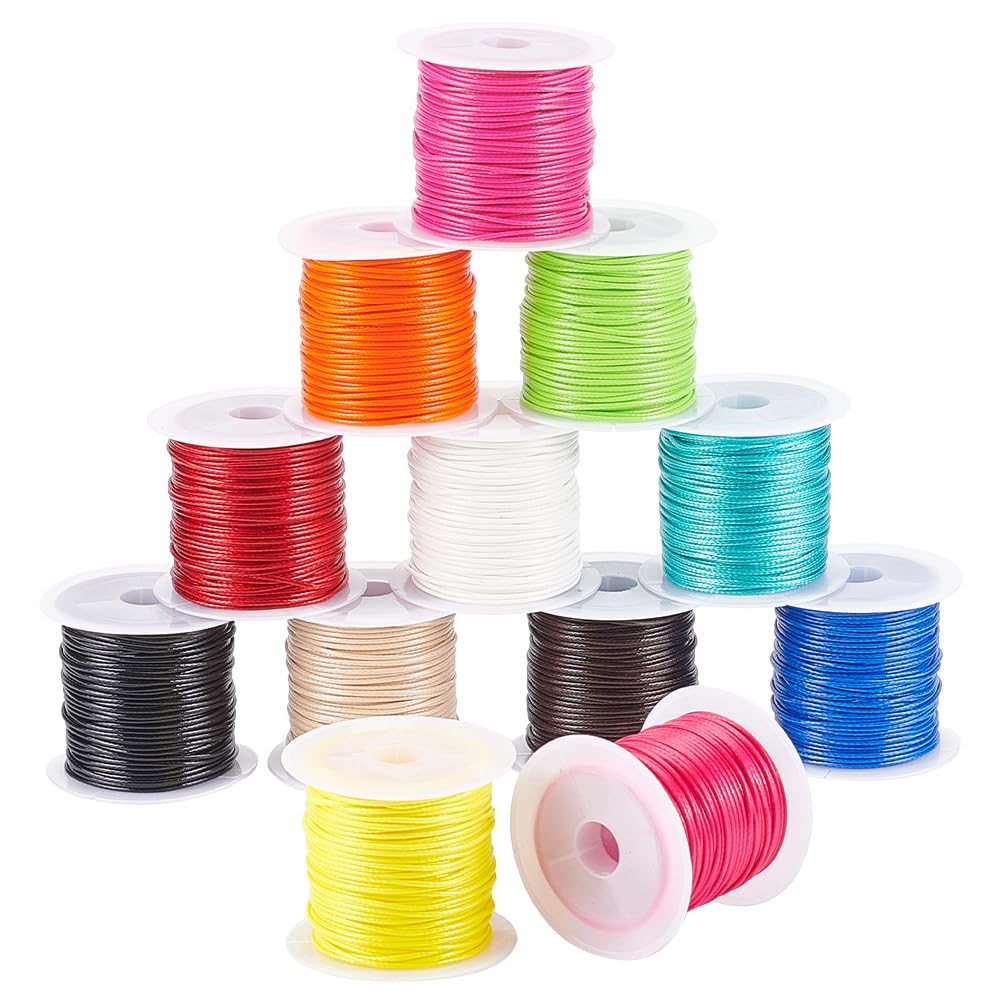 PH PandaHall 131 Yards Waxed Polyester Cords, 12 Colours Thread Beading String 1mm Thin Wax Cords for Crafts Beading Weaving Bracelet Necklace Jewellery Macrame Making,11yards/Colour