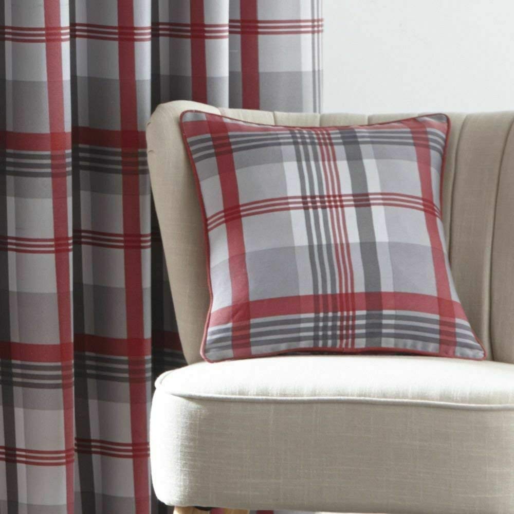 Portfolio Orleans Check Striped Fully Lined Eyelet Ring Top Curtains - Red Grey 46" Wide x 72" Drop