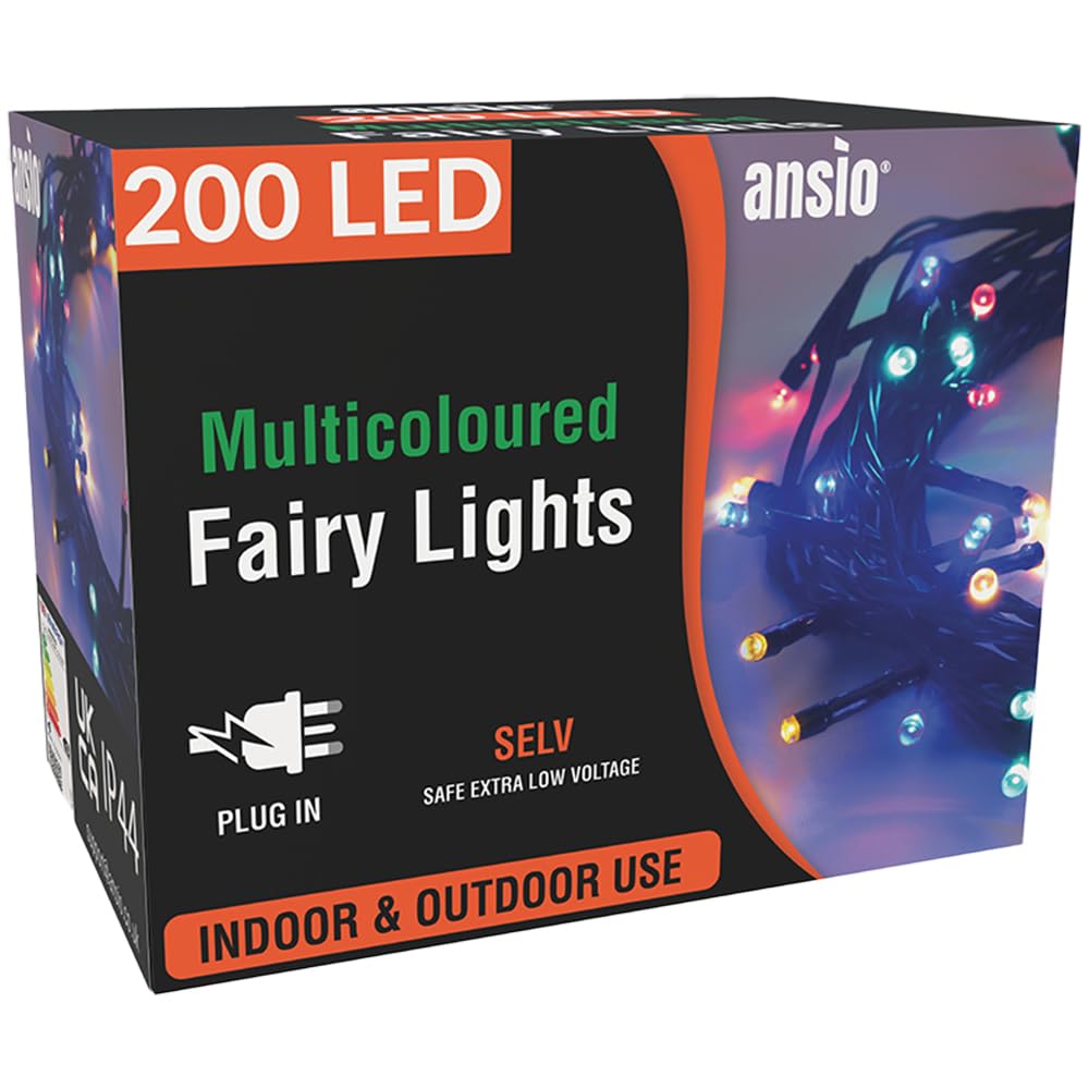 ANSIO® Christmas Lights 200 LED 20m/65ft Christmas Tree Lights for Indoor & Outdoor Multicolour Decorations Fairy String Lights for Xmas Garden Bedroom & Party | Mains Powered Green Cable
