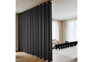DOEIEZ Room Divider Blackout Curtains Flexible Sliding Tracks Sets Ceiling Mounted Rod Window Curtain Privacy Separation for Bedroom Living Rooms,1 Panel Black Drape and Black Track Set-W216xH84 in