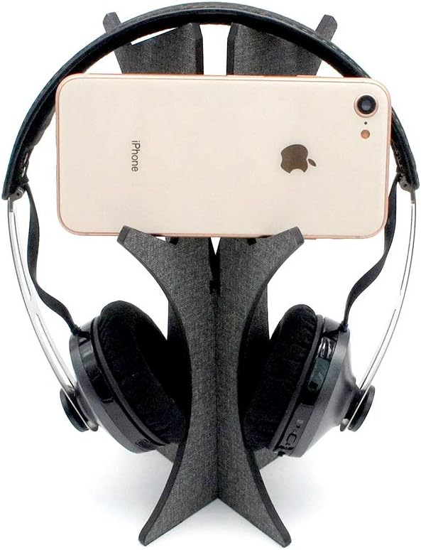 SenseAGE Universal 2-in-1 Detachable Headphone Stand Hanger, Ultra-light Headset and Smartphone Holder, Portable Earphone Stand with Supporting Bar Flexible Headrest for All Headphones Size, Dark Grey