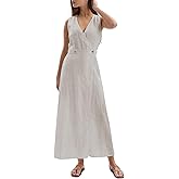 Amazhiyu Women's 100% Linen Summer Sleevelesss V-Neck Wrap Midi Dresses Casual