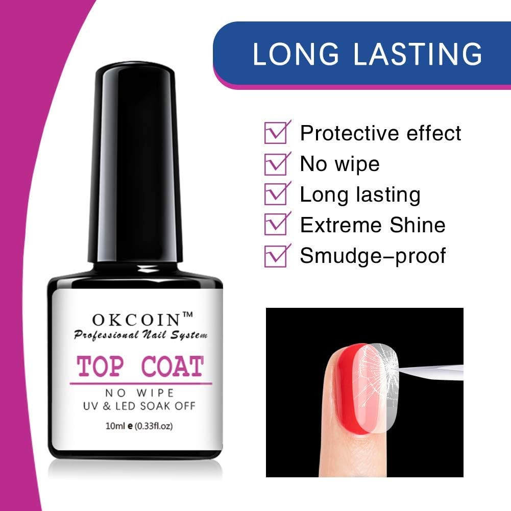 OKCOIN No Wipe Top Coat and Base Coat Set, 10ml UV LED Soak Off High Glossy and Shiny Finish New Upgraded Formula Long-Lasting Base Top Coat for Home DIY and Nail Salon: Health & Personal Care