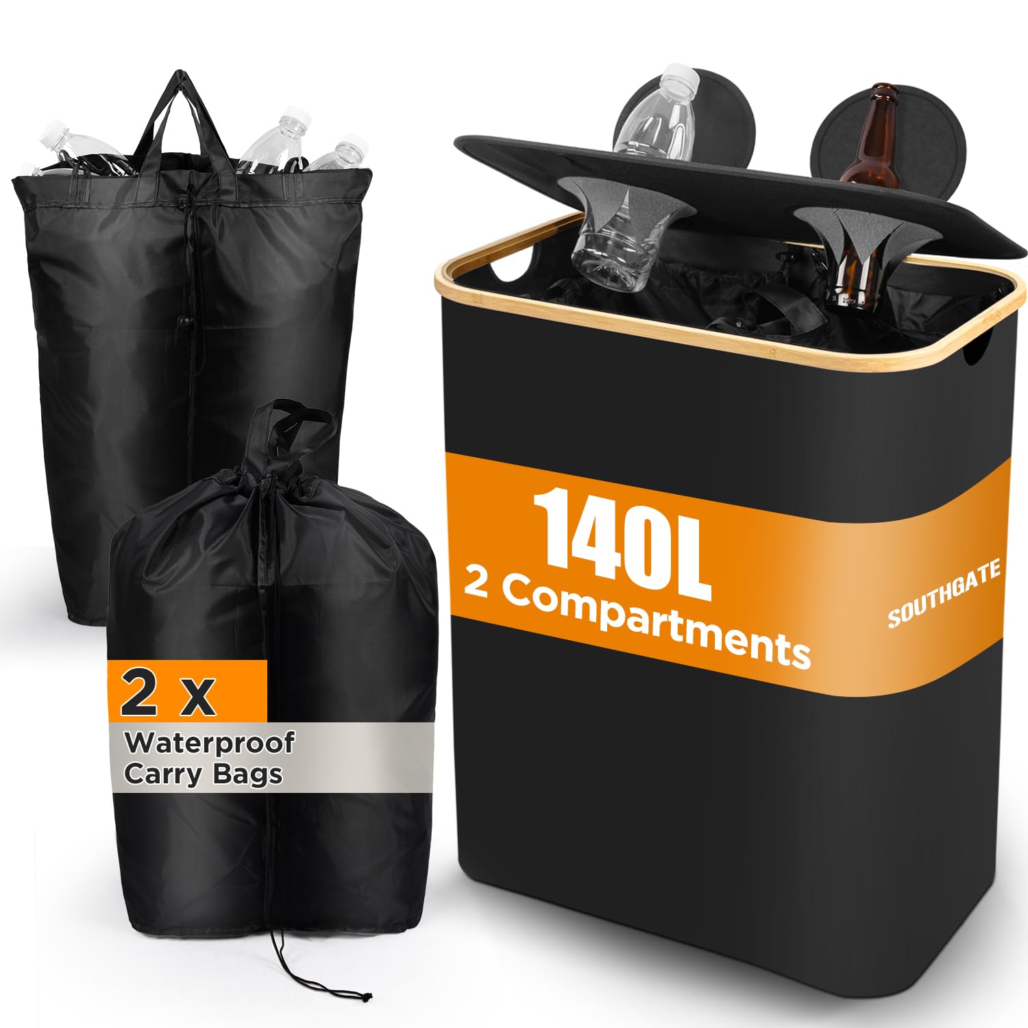 SOUTHGATE 140L Recycling Bins for Kitchen with 2 Compartments, Extra Large Deposit Bottle Bins with Lid, Indoor Home Bottle Storage with 2 Reusable Recycling Bags, Black